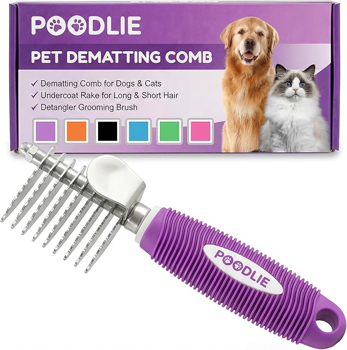 Poodle Dematting Fur Rake Comb Brush for Dogs and Cats - Long 2.5" Steel Safety Blades Metal Comb for Detangling Matted or...