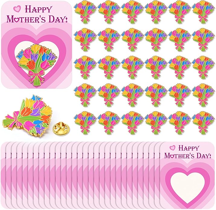 Humyoun 30 Sets Happy Mother's Day Gifts Flower Pins with Cards, Tulip Floral Bouquet Brooch Lapel Enamel Pins Bulk for Mo...