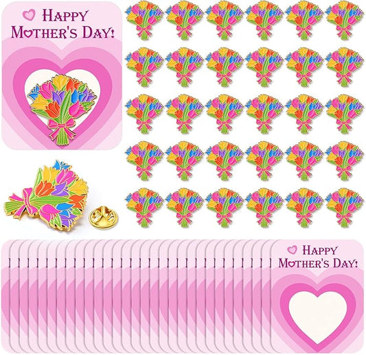 Humyoun 30 Sets Happy Mother's Day Gifts Flower Pins with Cards, Tulip Floral Bouquet Brooch Lapel Enamel Pins Bulk for Mo...