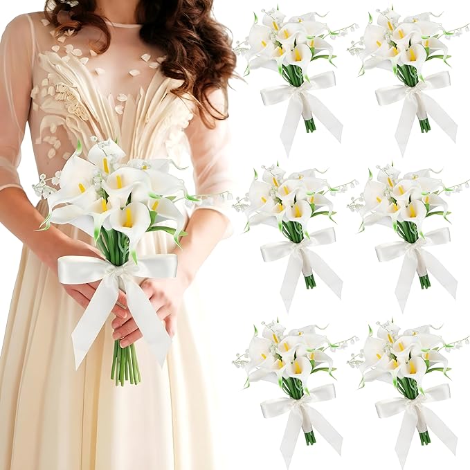Janinka Artificial Bridesmaid Bouquets Set of 6 Calla Lily Wedding Bouquet Pre-Tied Ivory White Artificial Lily Flowers Br...