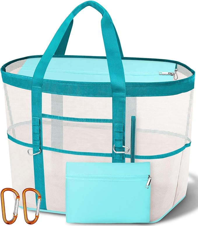 Yeendibo 2026 Chic & Spacious XX-Large Beach Bag for Women — Mesh × Canvas Tote with Top Zipper, 11 Pockets, Detachable Po...