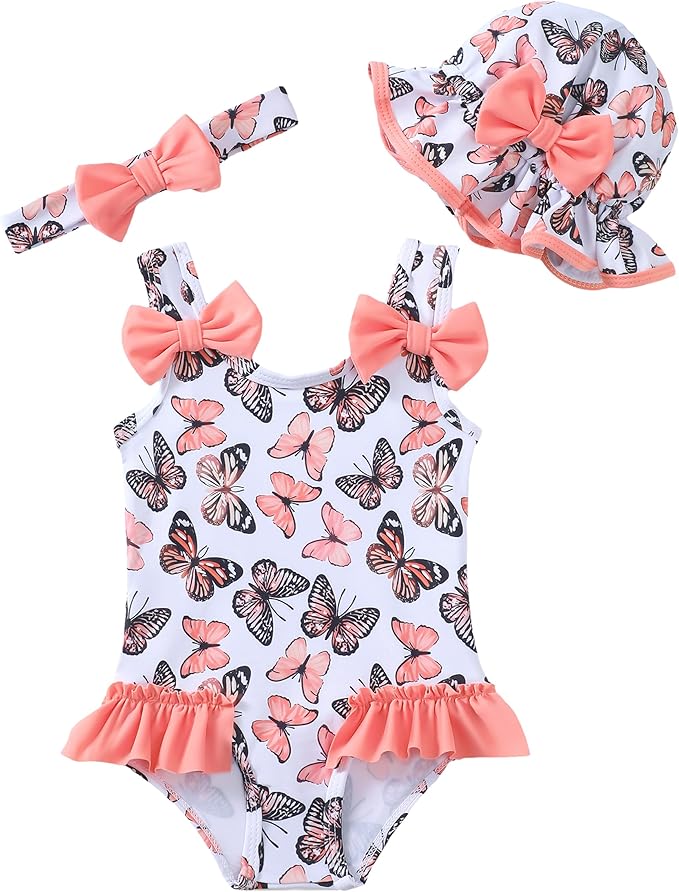 SODLON Baby Girl Swimsuit Infant One-Piece Bathing Suit Cute Summer Beach Tankini Bikini Ruffle Bow Toddler Swimwear with Hat