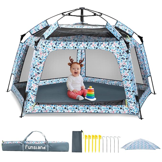 Funsland Baby Playpen Pop-up Tent - Outdoor & Indoor Play Tent for Beach with Canopy Travel Bag Portable Play Yard for Bab...