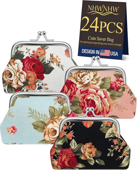 24Pcs Canvas Floral Coin Purses, Vintage Coin Purses, Small Cute Mini Wallet Pouch for Women & Girls, Floral Coin Purse Se...