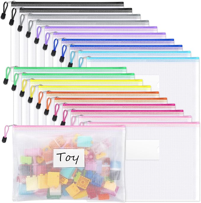 Sooez 20 Pack Mesh Zipper Pouch Bags, A4 Letter Size, Zipper Bags with Label Pocket, Waterproof Pouches for Classroom Orga...