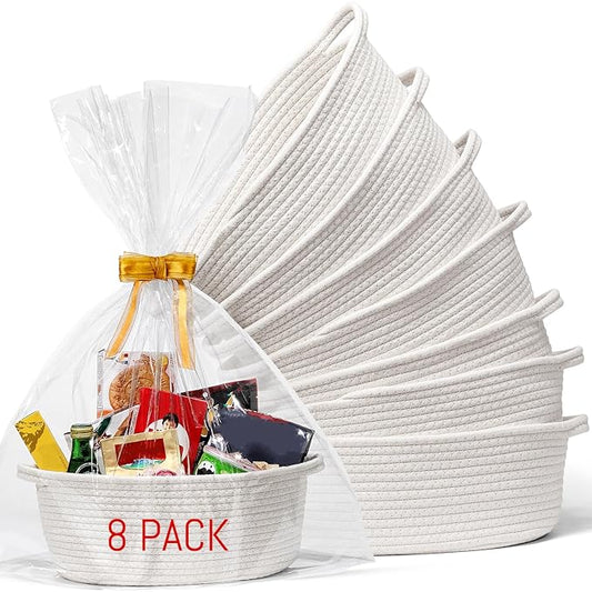 8 Pack Small Woven Basket with Gift Bags and Ribbons, All 12"x 8"x 5", Empty Decorative Gift Chest Box, Cute Baby Gift Bas...