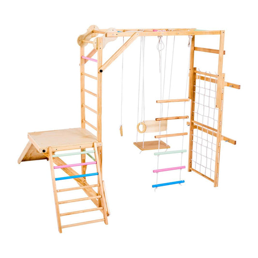Indoor Playground Jungle Gym, 8-in-1 Wooden Indoor Playground Playset, 220LBS Loading Montessori Climbing Toys With Swing, Slide, Monkey Bar, Gym Rings, Wooden / Rope Ladder, Climbing Net & Bar