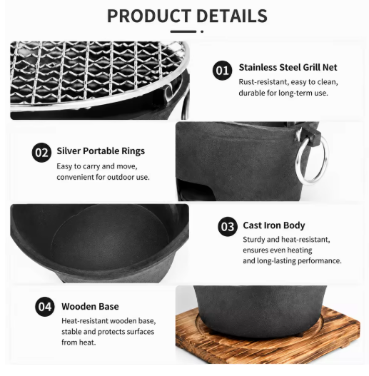 KL1 Portable Charcoal Grill Mini Tabletop BBQ Cast Iron Body Stainless Steel Removable Grill Net Heat Resistant Wooden Base Silver Carry Rings