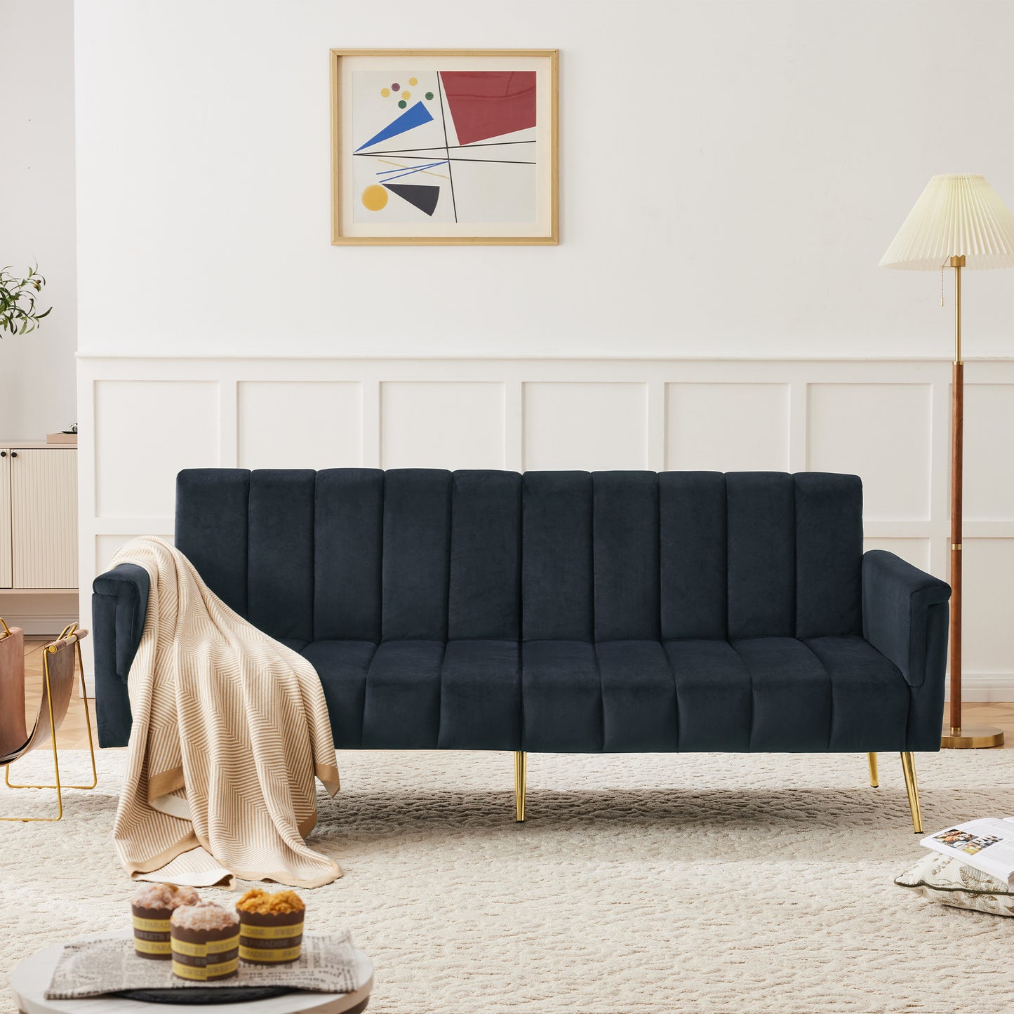 Modern Folding Sofa Bed, Sofa Bed With Auxiliary Feet, With Sleeping Function, Velvet Fabric, Suitable For Living Room, Bedroom, Home Theater, Guest Room. Video Available