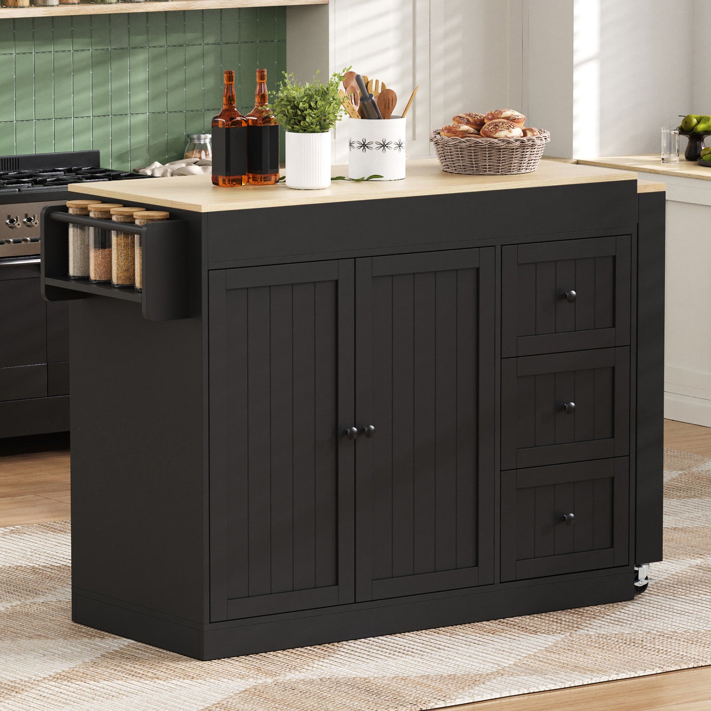 Kitchen Island On Wheels, Extendable Dining Area Kitchen Island With Spice Rack And Drawers, Mobile Kitchen Island Freestanding, Ideal For Kitchen And Dining Room  Black