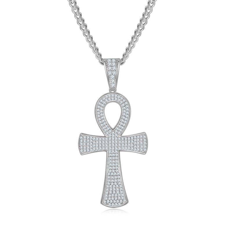 S925 Sterling Silver 240pcs D Color VVS1 Moissanite Iced Out Ankh Pendant 7.2g No Chain Platinum Plated GRA Certified Gift Box