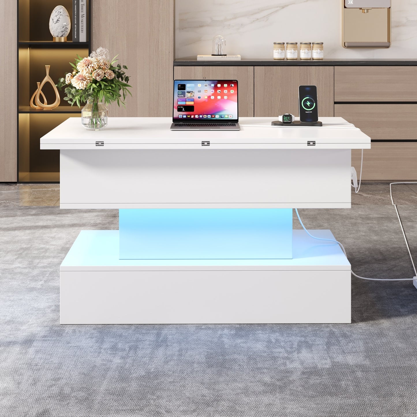 100x50x51.5cm Coffee Table With Power Outlet, USB-C & USB Charging Port, Multifunctional Living Room Table With LED, Liftable Coffee Table, Height-adjustable Sofa Table, Side Table And Dining Table Wi