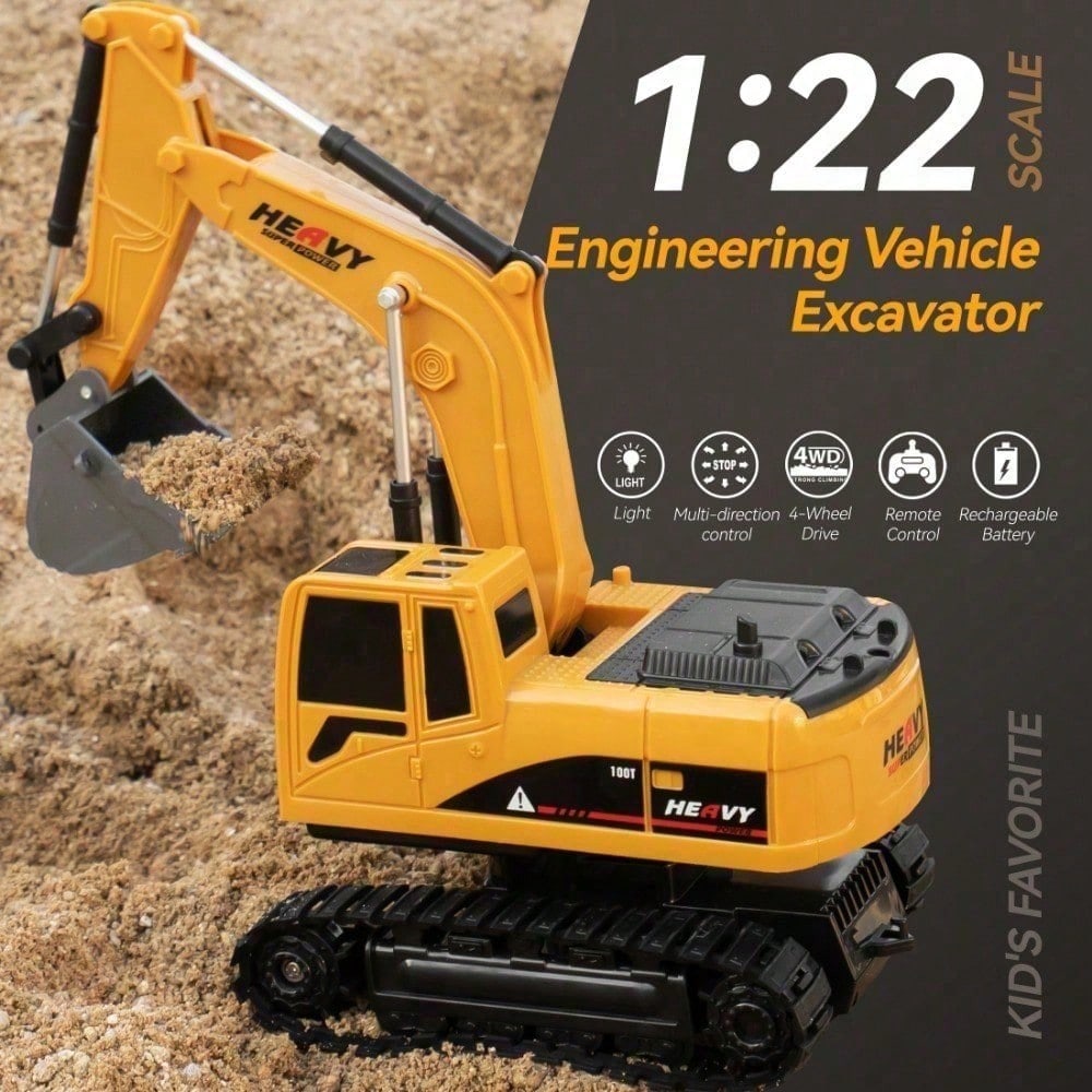 T1 22 RC Excavator Toy For Kids, Remote Control Construction Vehicle With Lights And Flexible Arm, 6CH Rechargeable Engineering Digger Truck Gift For Children, Toys For Boys, Construction Toys