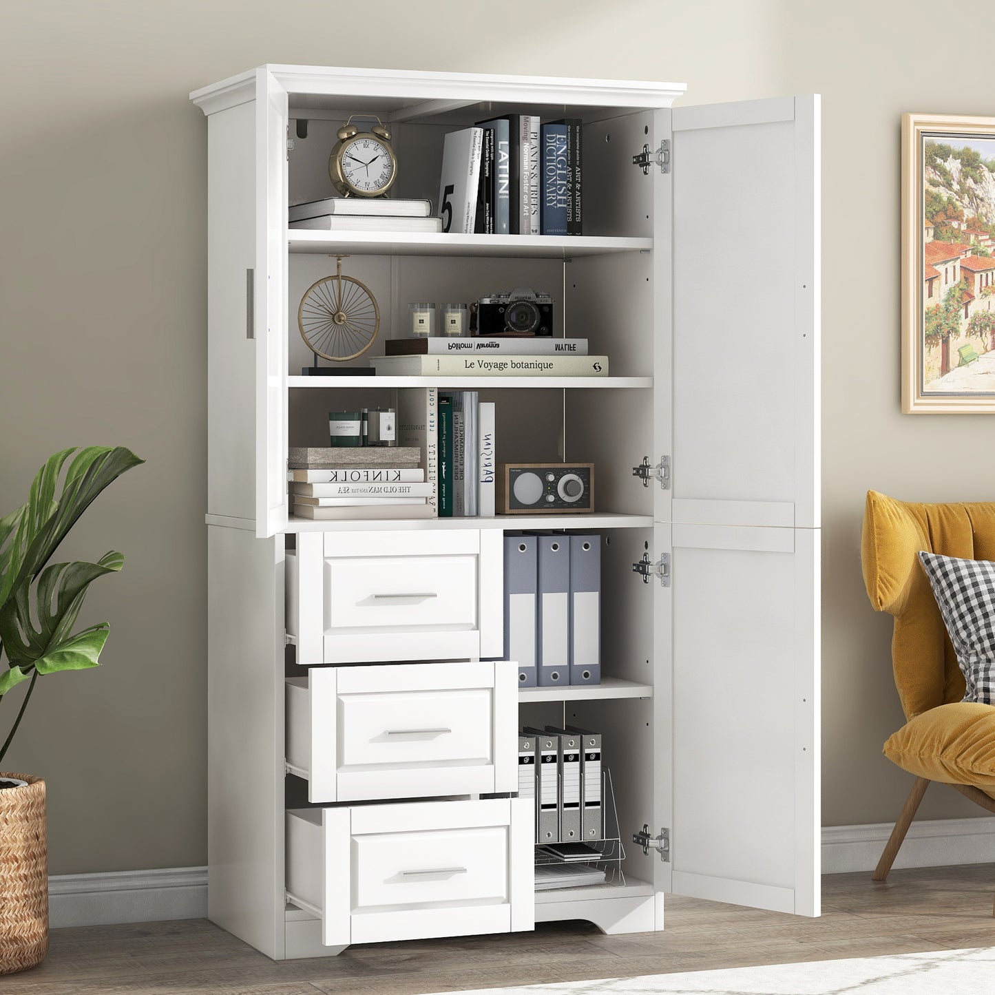 Tall And Wide Storage Cabinet With Doors For Bathroom Office, Three Drawers, White
