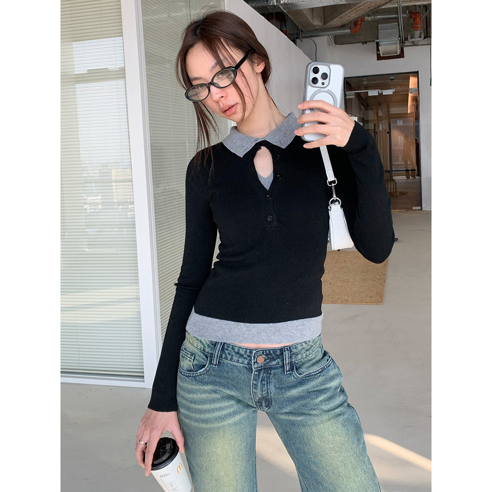 Korean Spring Stacked-Look Fake Two-Piece Color-Block Knit Sweater