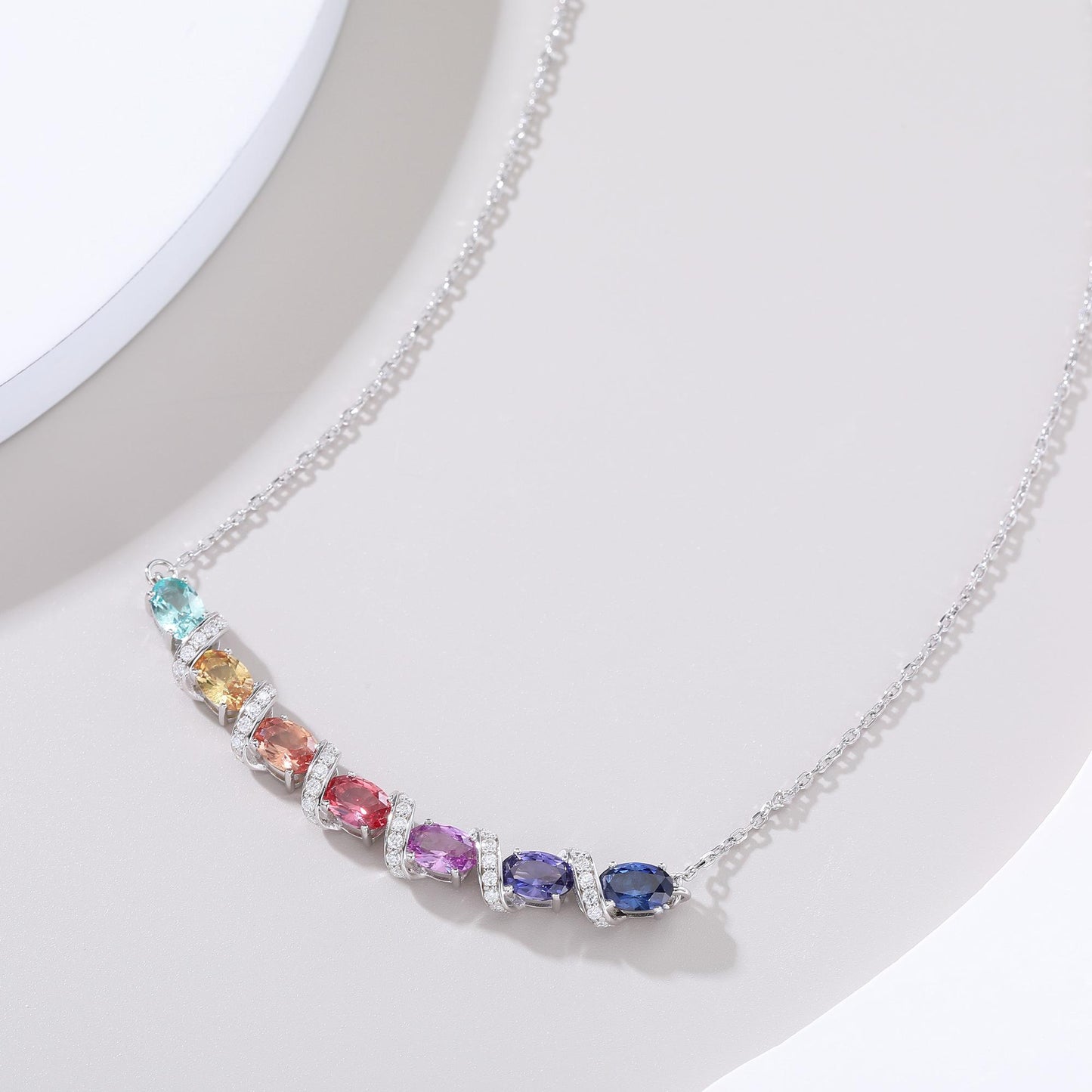 S925 Sterling Silver Rainbow Lab-Grown Gemstone Necklace 45cm Oval Cut With D Color VVS1 Moissanite Platinum Plated GRA Certified Gift Box
