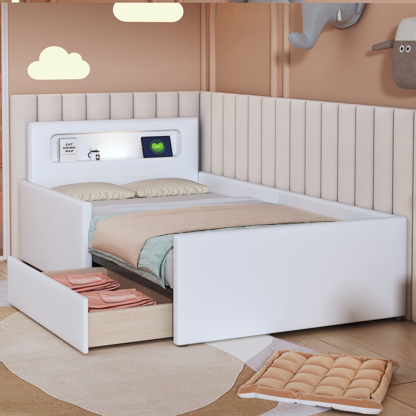 Upholstered Bed Children's Bed 90X200 Cm, With Night Light And USB Charging Port, With Storage Compartments, Raised Side Panels For Safety, Simple Single Bed, Boy And Girl Bed, Faux Leather Fabric, Wh