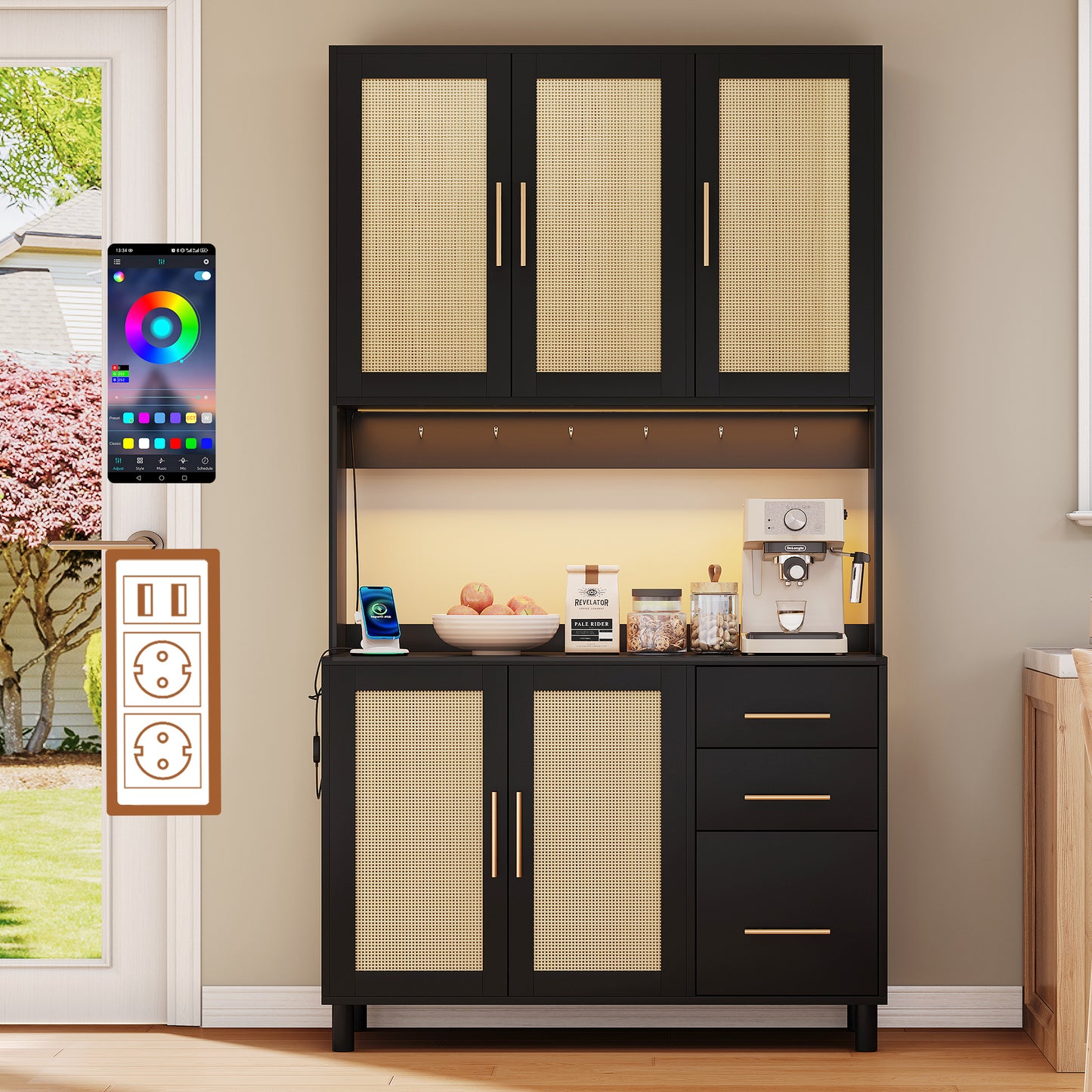 183cm Kitchen Credenza, Buffet, App-Controlled LED Decorative Lights, 2 X USB, 2 X Sockets, Adjustable Shelves, 3 Drawers, Golden Metal Handles, Ideal For Kitchens And Dining Rooms.