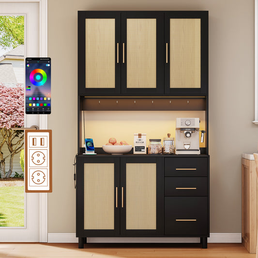 183cm Kitchen Credenza, Buffet, App-Controlled LED Decorative Lights, 2 X USB, 2 X Sockets, Adjustable Shelves, 3 Drawers, Golden Metal Handles, Ideal For Kitchens And Dining Rooms.