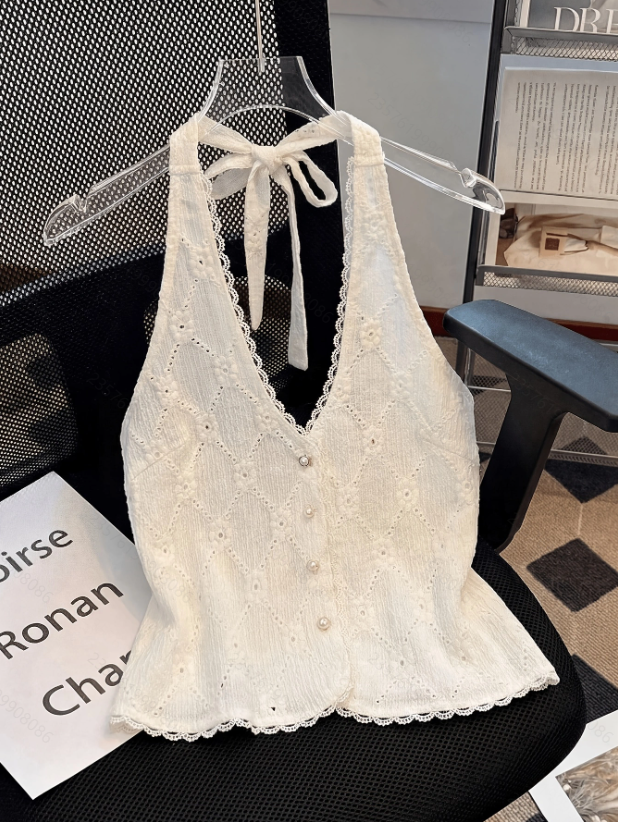 Women's Summer New Fashion Elegant Solid Color Backless Pearl Button Decorated Tie-Neck Strapless Vest