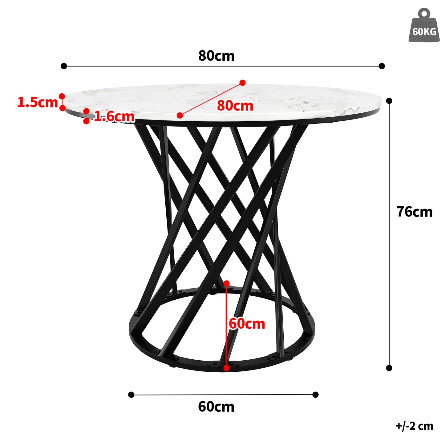 Round Dining Table  80x80x76cm , Kitchen Table, Round Coffee Table For 4, Suitable For Dining Room, Living Room, Metal Table Legs, MDF Marbled Table Top, Black Table Legs