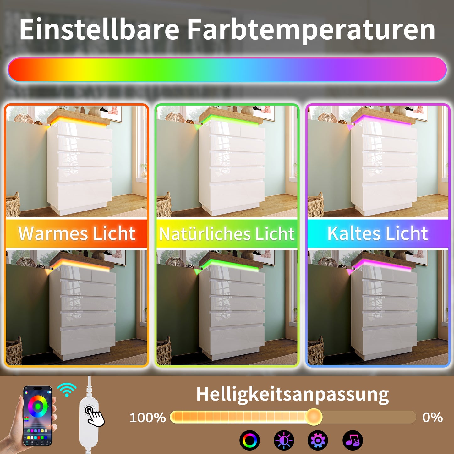 Chest Of Drawers, High-gloss Sideboard With 6 Drawers, LED Lighting  App Control , Multi-purpose Wardrobe For Living Room And Bedroom, 115 X 73 X 39 Cm, White