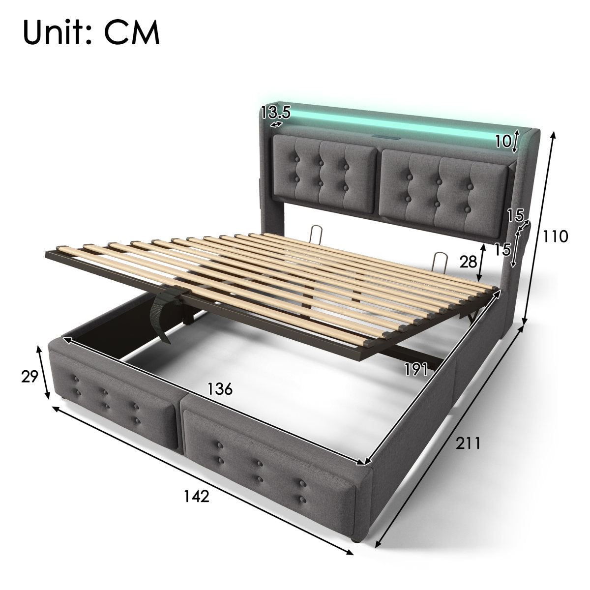 Upholstered Double Bed, 4FT6 Hydraulic Bed With LED Lighting, USB Type-C Charging, Headboard For Cellphones & Tablets, 135 X 190 Cm, Linen, Grey  No Mattress