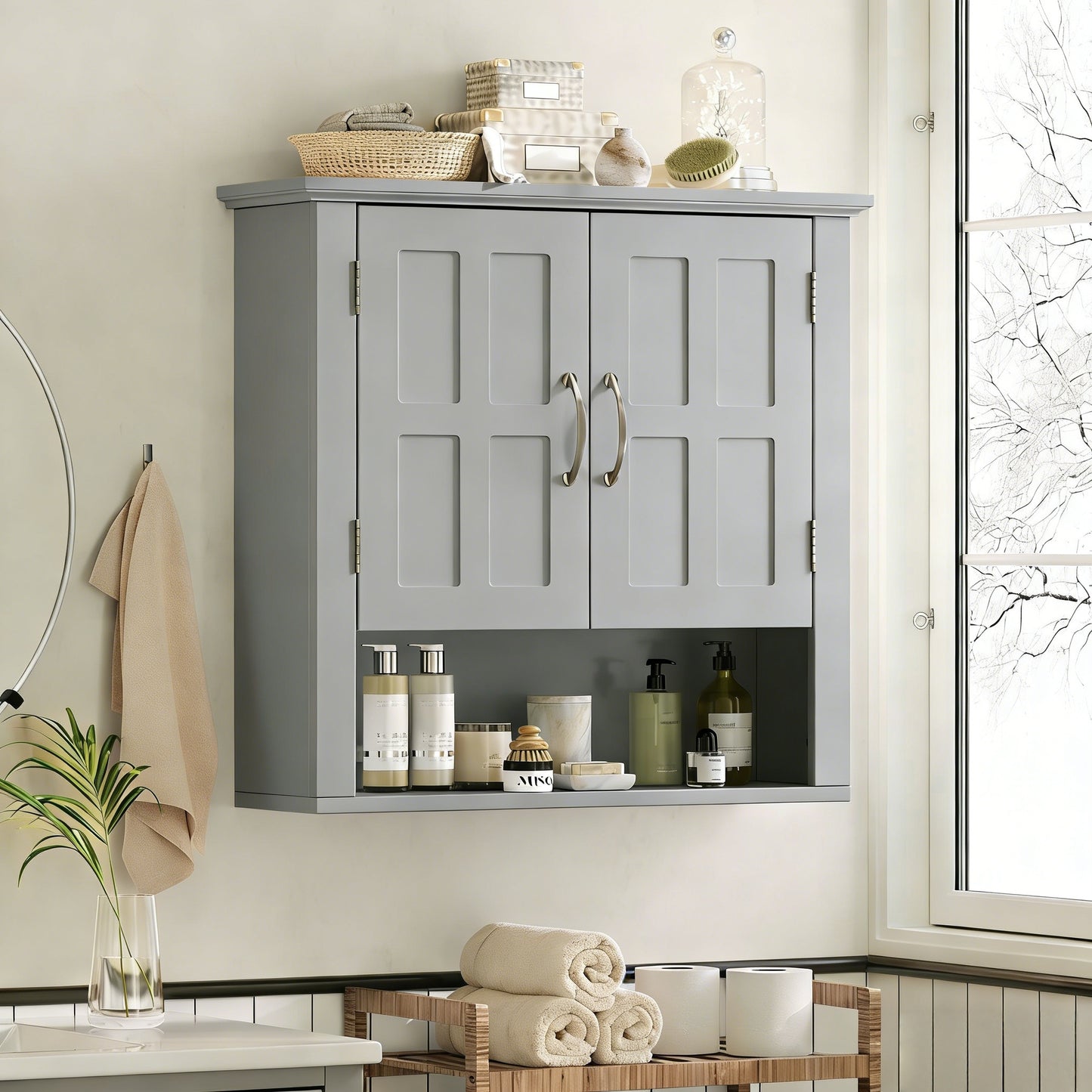 Bathroom Wall Storage Cabinet,  Multi -functional Wall Mounted Cabinet With Adjustable Shelves, Medicine Cabinet For Laundry Room & Kitchen & Living Room, Gray