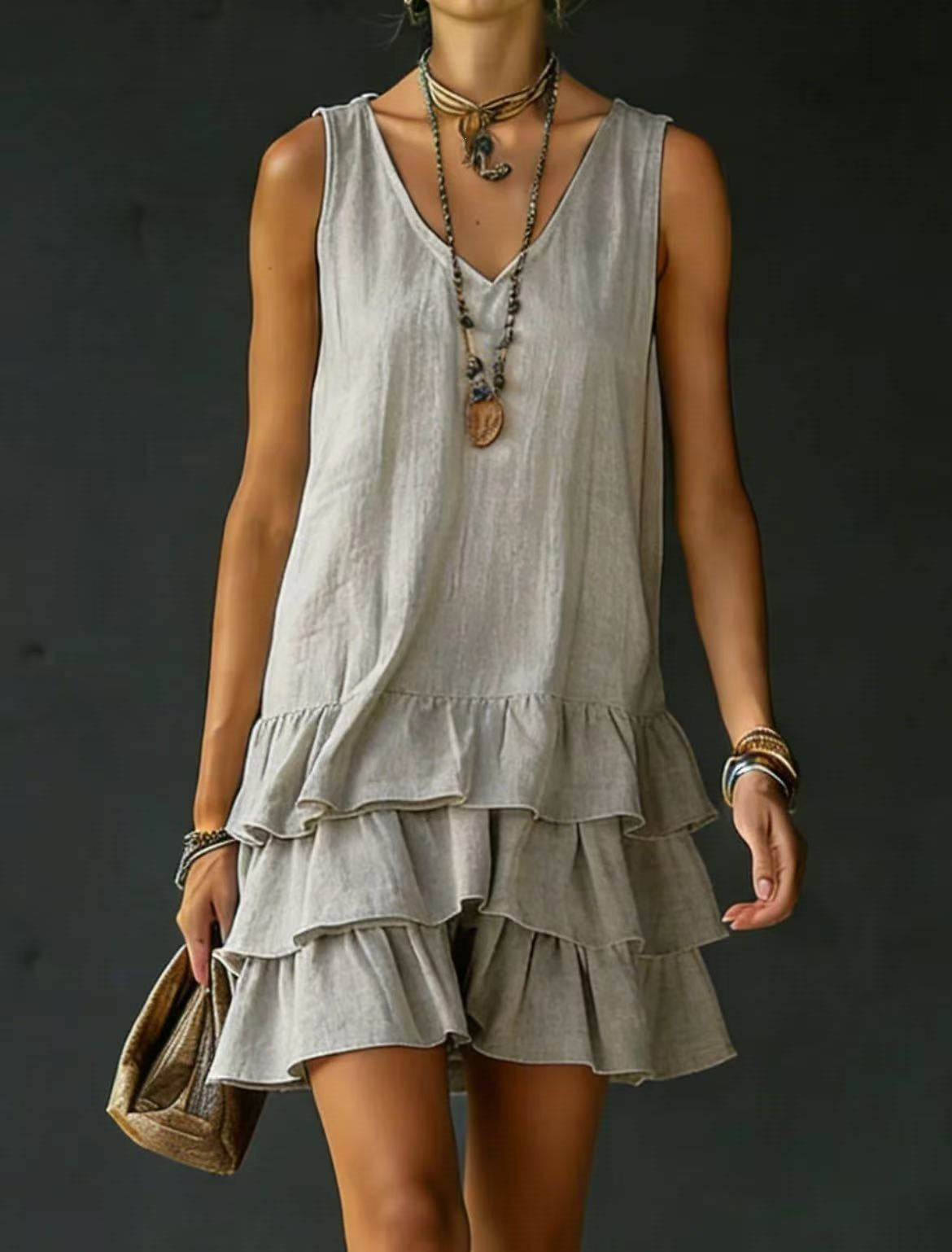Spring Summer Fashion Women Solid Color Loose Casual Tank Dress With Side Pockets