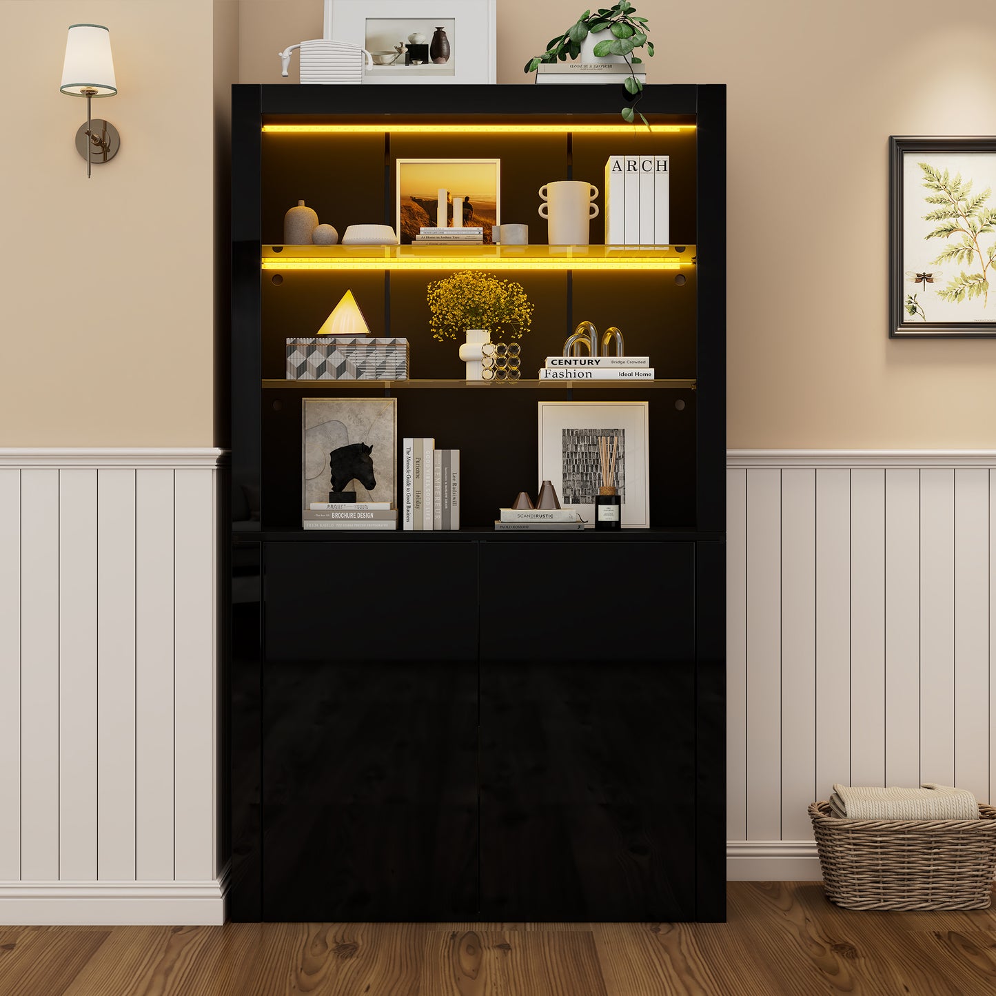 1 00x35x170cm Cabinet,Display Cabinet High Gloss Storage Cabinet With LED Lighting,2Glass Floor,2 Cabinets,Highboard, Living Room Cabinet, Storage Cabinet, Tall Cabinet, Sofa Cabinet,Black