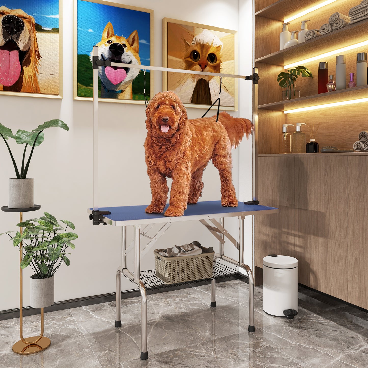 PawHut 42" Dog Grooming Table, Adjustable Pet Cat Drying Beauty Table With 2 Loops Storage Basket, Rubber Top, Blue