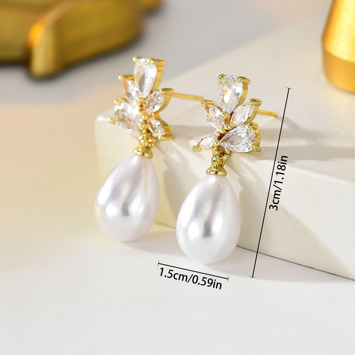 Cross-border European American Women Earrings, Geometric Forest Leaf Design Stud Earrings Inlaid Cubic Zirconia & Faux Pearl, Versatile Daily Ear Accessories For Ladies