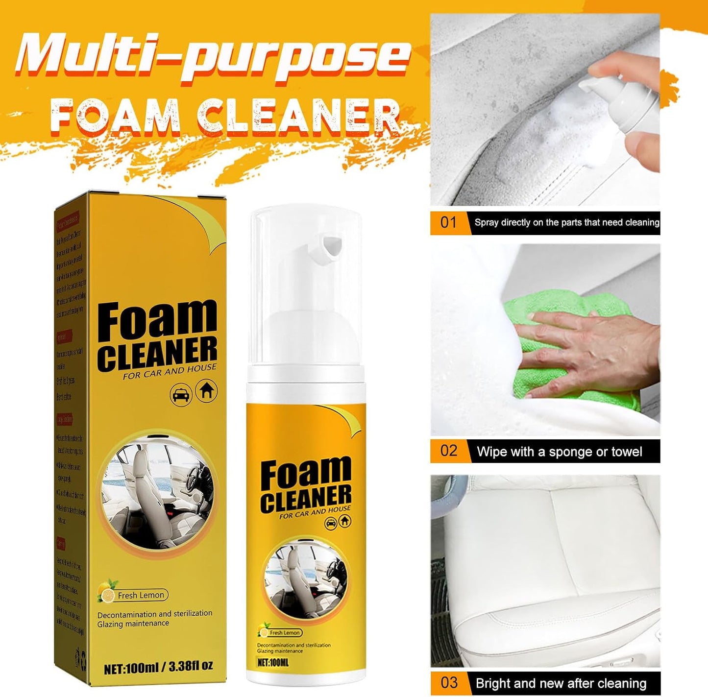 2Pcs Multipurpose Foam Cleaner Spray 100ml, Foam Cleaner For Car And House Lemon Flavor, All-Purpose Household Cleaners For Car And Kitchen