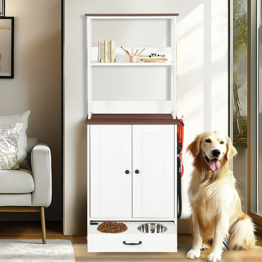 Pet Feeding Station With Bowls, Adjustable Panel, Dog Feeding Station With Storage, Pet Feeder Station For Dogs Cats For Feeding & Watering Supplies,Dog Feeding Station With 2-level Shelving White