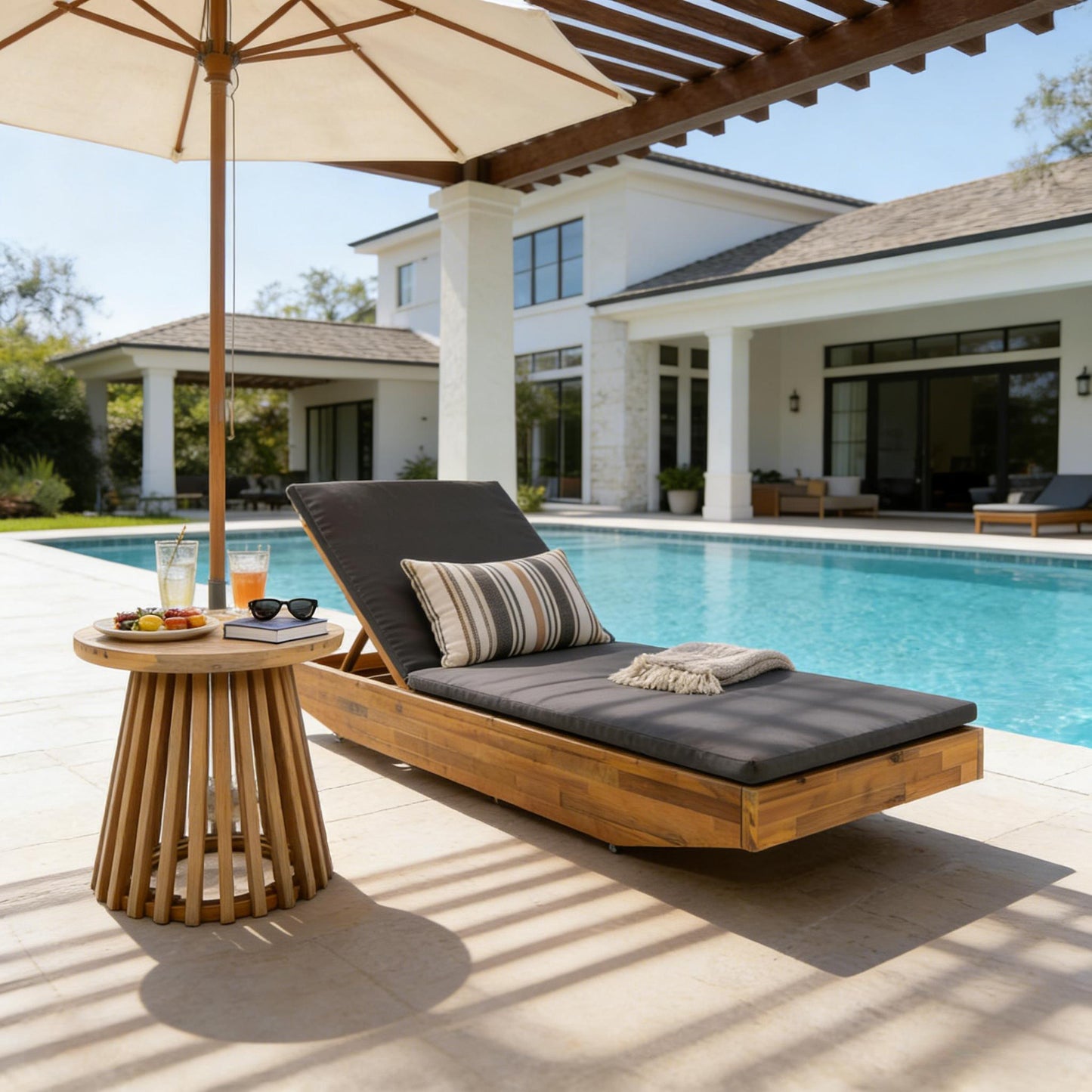 Acacia Wood Chaise Lounge With 2-Fold Thin Cushion - Teak Finish Outdoor Recliner With Dark Grey Water-Repellent Cushion, 79.6  L X 29  W, 300 Lbs