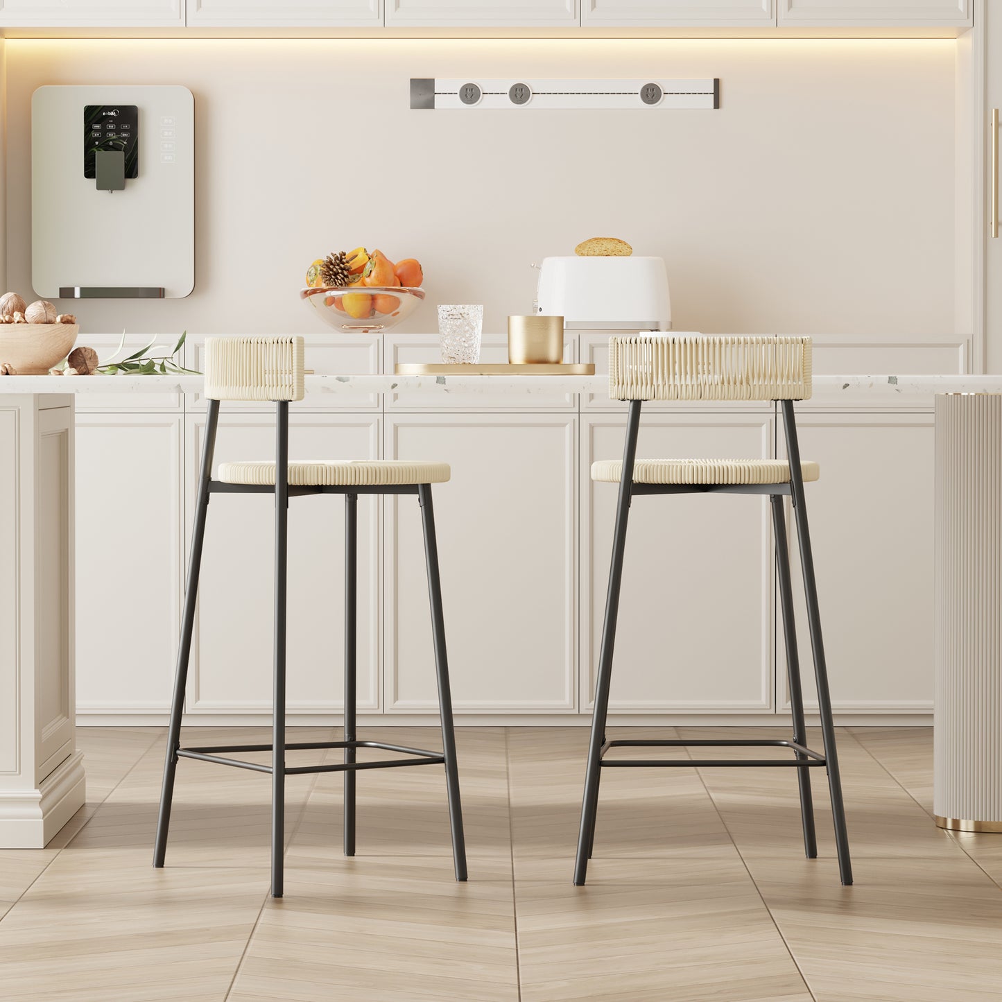 Counter Stools Set Of 2 Handwoven Paper Rope Bar Stools Boho Round Dining Pub Chairs For Kitchen  Black & Creamy White