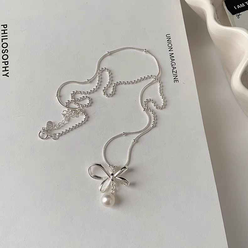 1pc 999 Sterling Silver Hollow Bow Pearl Pendant Necklace, Delicate Minimalist Style, Perfect For Daily Wear & Valentine's Gifts