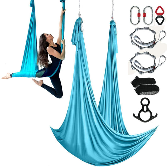 Aerial Yoga Hängematte Set 10 X 2,8 M, Blau Aerial Yoga Swing Air Fliegen, Indoor Aerial Yoga Hammock Swing 1000 Kg Max. Tragfähigkeit, Inkl. Yoga-Socken & Stahlkarabiner & Alu-Drehgelenk