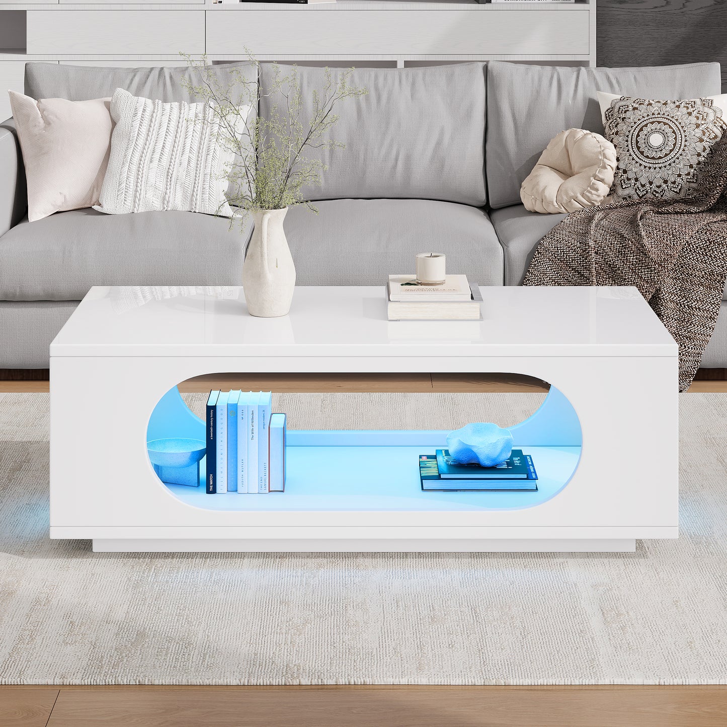 Coffee Table With LED Lighting  App Control , 100x50x35cm, MDF Material, 30kg Load Capacity,High Gloss Openwork Coffee Table,Large Storage Side Table,Sofa Table,White