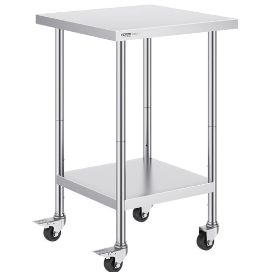 Stainless Steel Work Table 24 X 24 X 38 Inch, With 4 Wheels, 3 Adjustable Height Levels, Heavy Duty Food Prep Worktable For Commercial Kitchen Restaurant, Silver