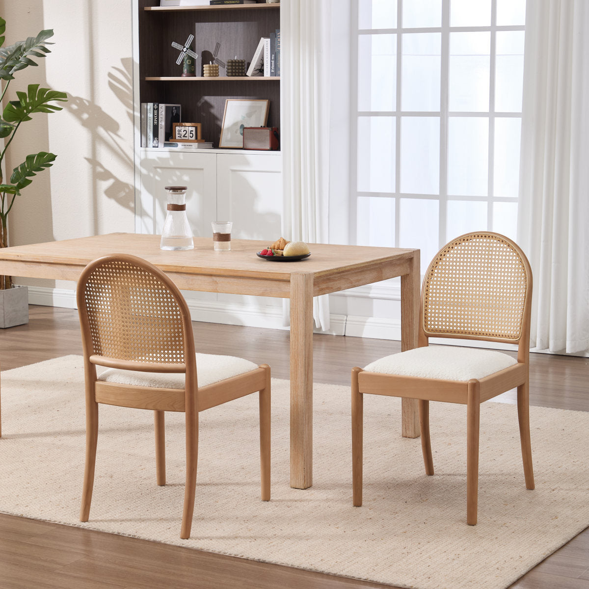 Rattan Dining Chairs Set of 2, Upholstered Linen Dining Room Chairs with Backrests, Modern Kitchen Chairs with Wood Legs for Dining Room, Beige