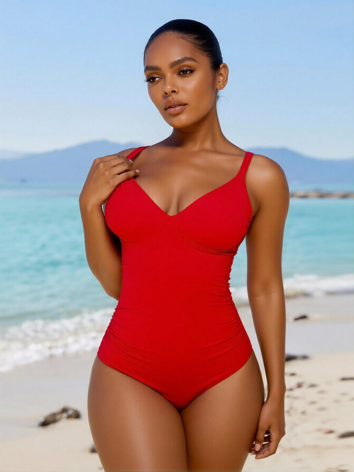 2026 New Women's One-Piece Swimsuit Vibrant Red With Deep V-Neck, Ruched Tummy Control And Thin Shoulder Straps