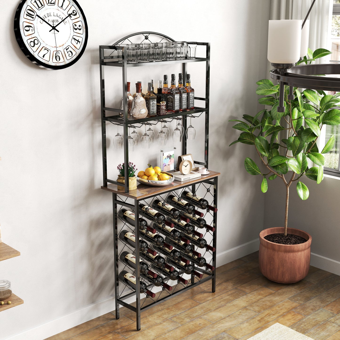 Industrial Wine Rack Bar Table, 3-Tier Liquor Bottle And Glass Holder With Storage Shelves, Metal And Wood Wine Organizer For Home Kitchen, Dining Room, And Living Room