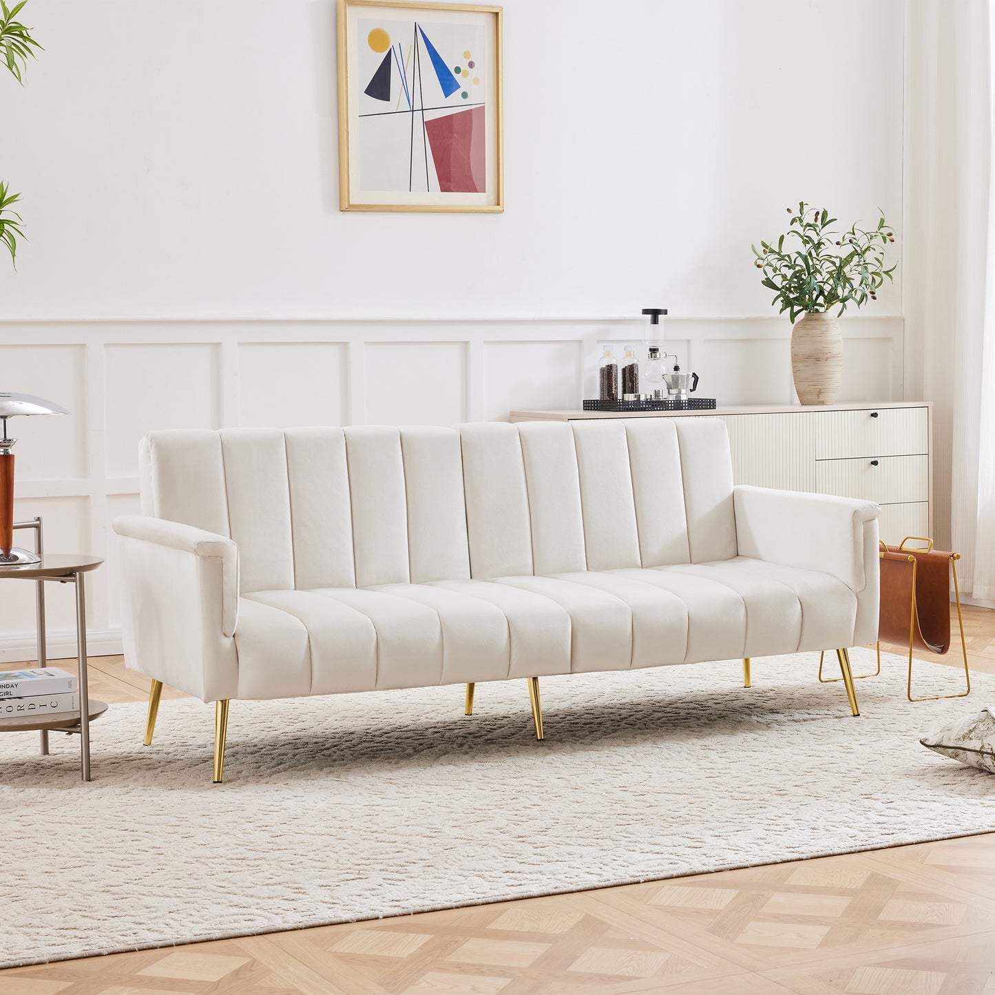 Modern Adjustable Velvet Sofa Bed With Multi Position Backrest & Armrests, Metal Legs, Convertible Sleeper Function, Ideal For Living Room, Bedroom, Home Theater & Guest Room, Beige, Video Included