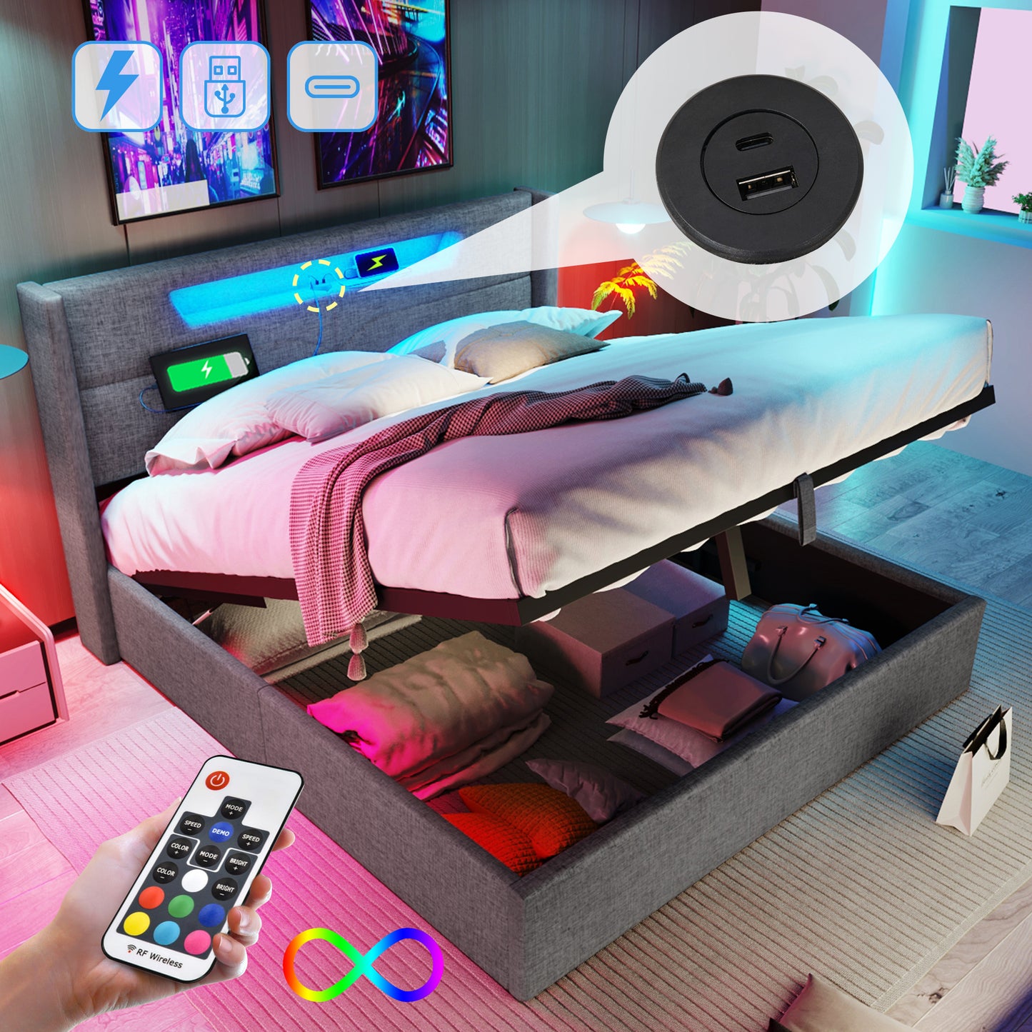 Upholstered Bed LED Double Bed With USB Type C Charging Function And LED Lighting,Storage Beds Bed Frame Made Of Linen Material Youth Bed 160x200 With Slatted Base  Without Mattress