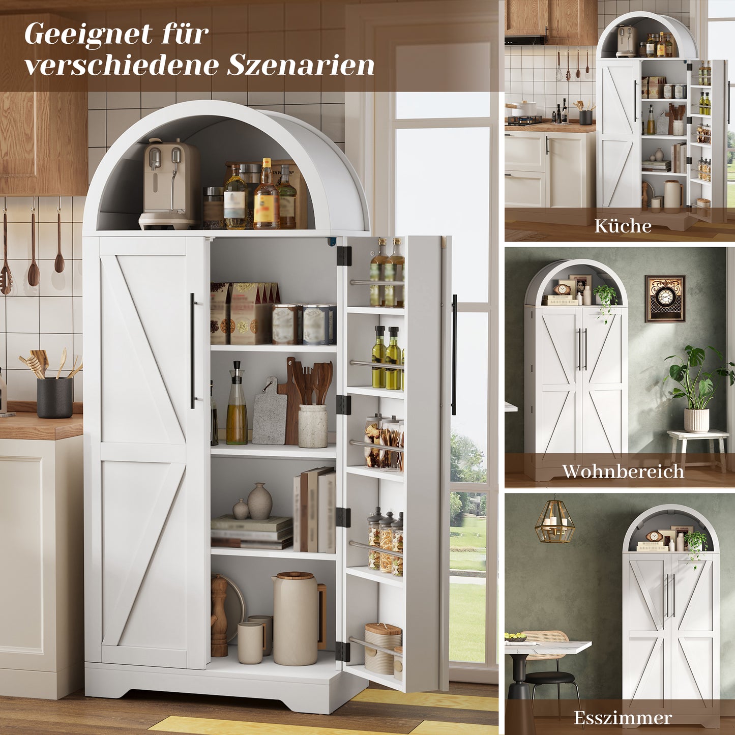 165x70x40cm High, Domed Cabinet, Kitchen Cabinet, Display Cabinet, Wine Cabinet, With Shelf Above The Door And Open Top Suitable For Kitchen, Dining Room, Living Room And Bedroom White