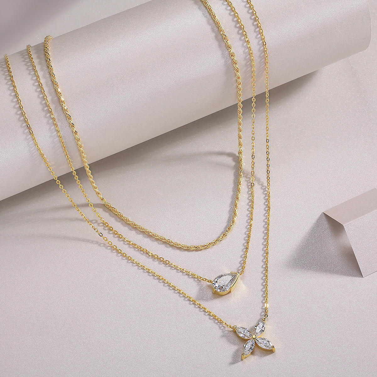 S925 Sterling Silver 7x11mm Pear Moissanite 3-Layer Necklace 40cm 10.8g Gold Plated GRA Certified Gift Box