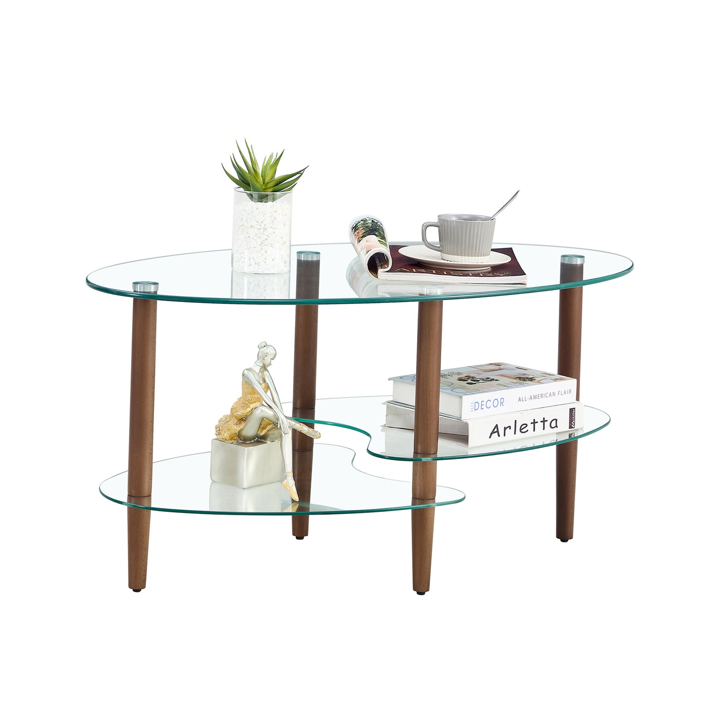 Transparent Oval Glass Coffee Table, Modern Table In Living Room Oak Wood Leg Tea Table 3-layer  Glass Table