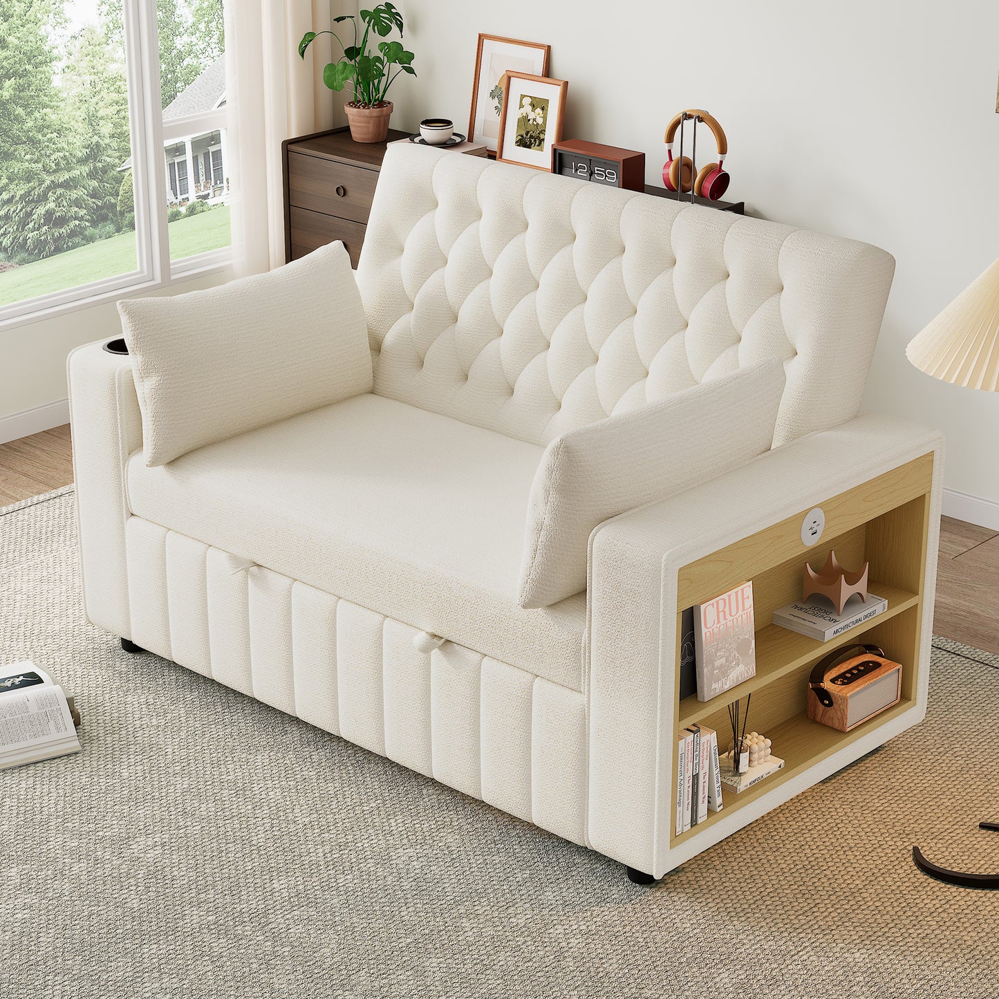 Modern 3 In 1 Folding Sofa Bed With Storage, Pull Out Chenille Sleeper, Cup Holders, USB Charging Port & Cushions, Convertible Double Sofa For Living Room, Bedroom, Guest Room,  Beige
