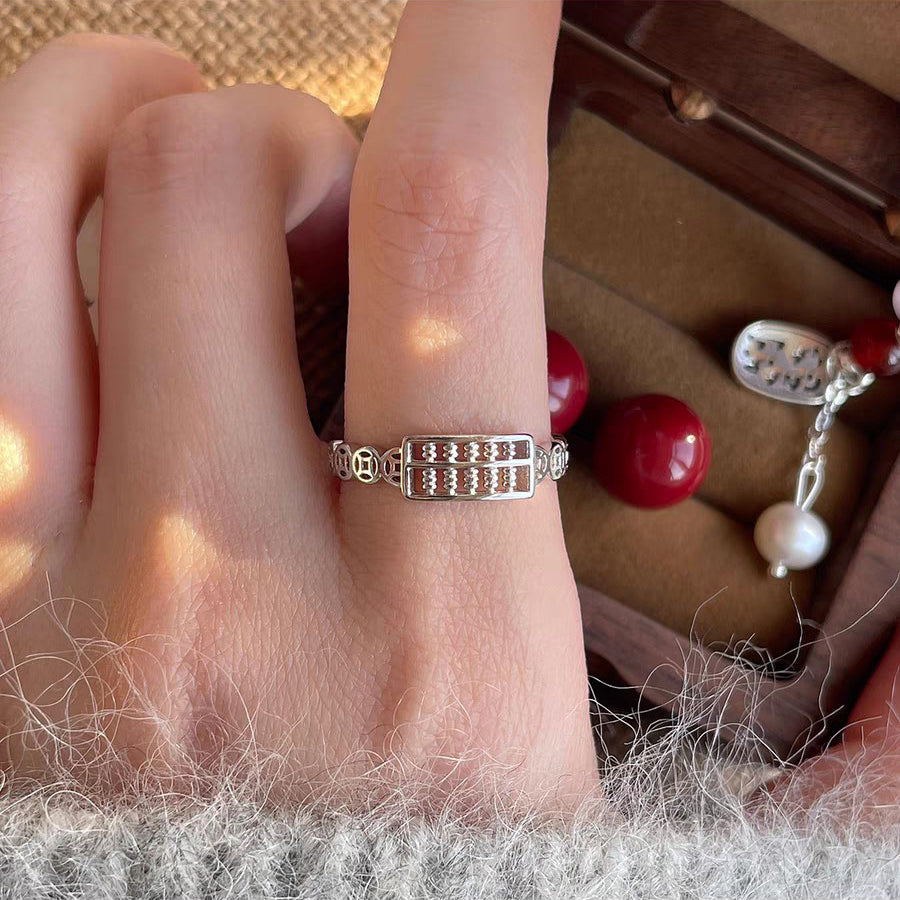 1pc 999 Sterling Silver Abacus And Coin Open Ring, Lucky Retro Style, Perfect For Daily Wear And Holiday Gift